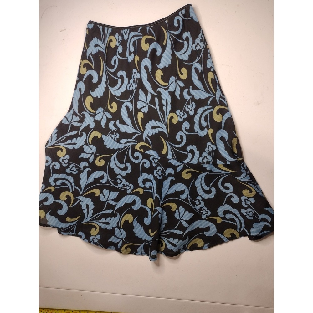 VERSAILLES Women's Midi Skirt Floral Print‎ Black Blue Yellow Flounce Hem M